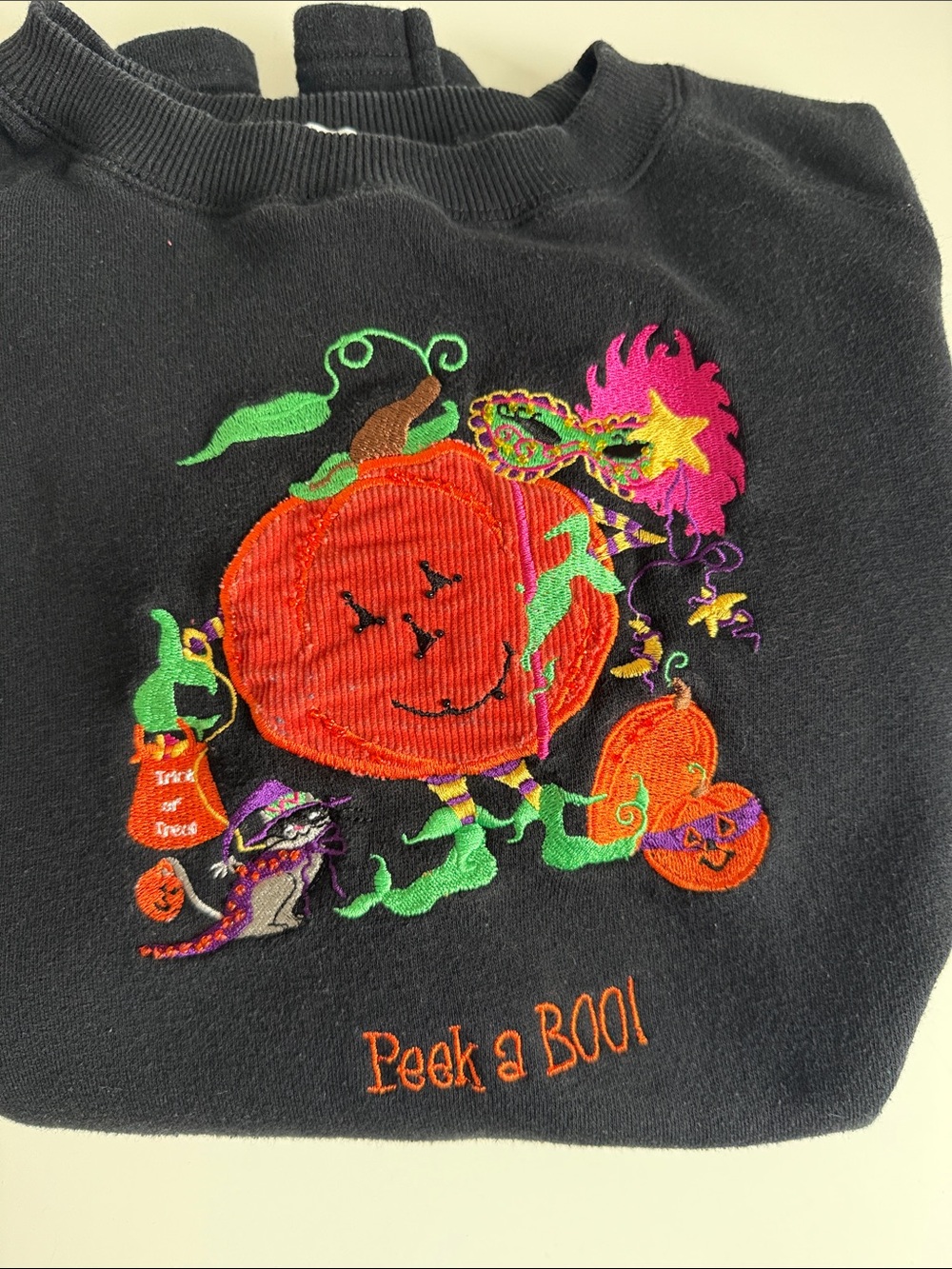 Quacker Factory Black Crewneck Sweatshirt with Colorful Pumpkin Embroidery